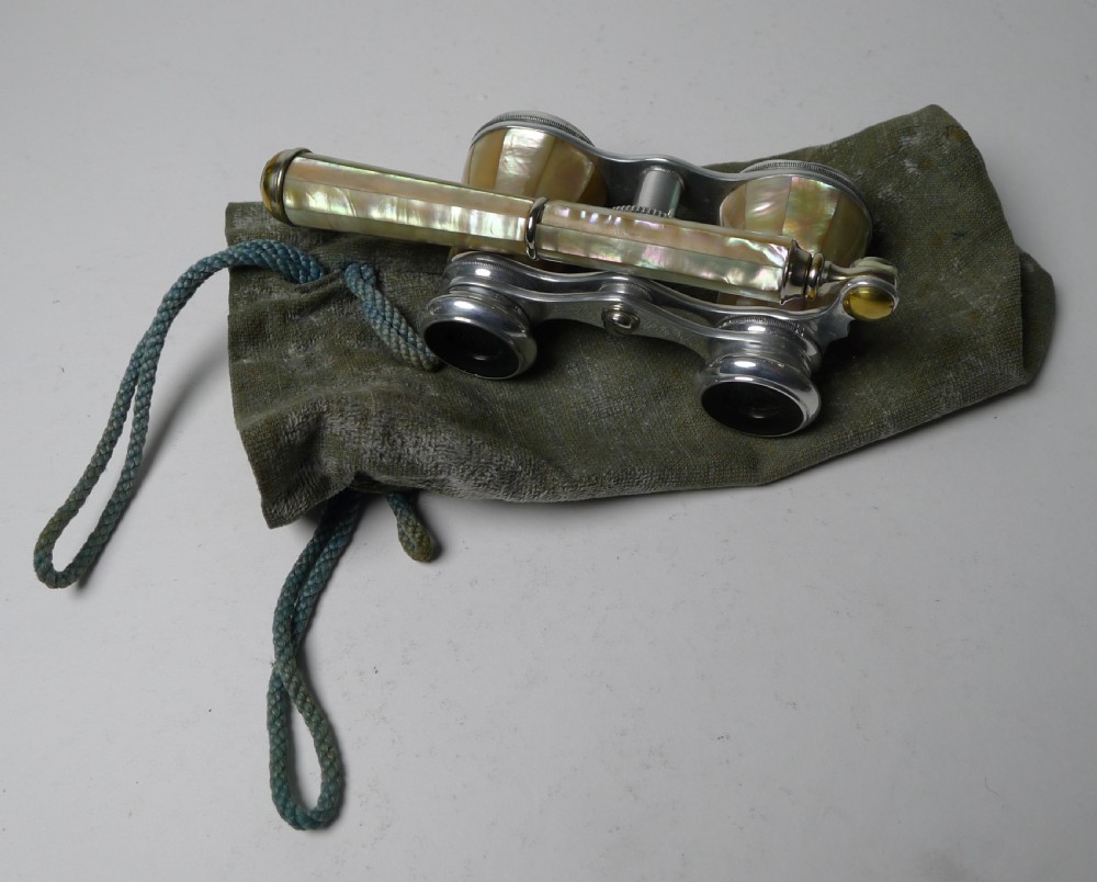 Stunning Antique French Aluminum & Mother of Pearl Opera Glasses - Lorgnette Handle View XI
