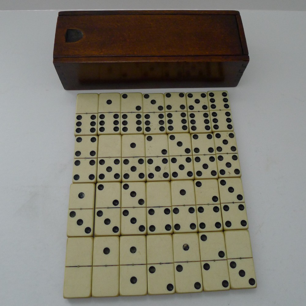 Antique English Boxed Bone & Ebony Wood Dominoes