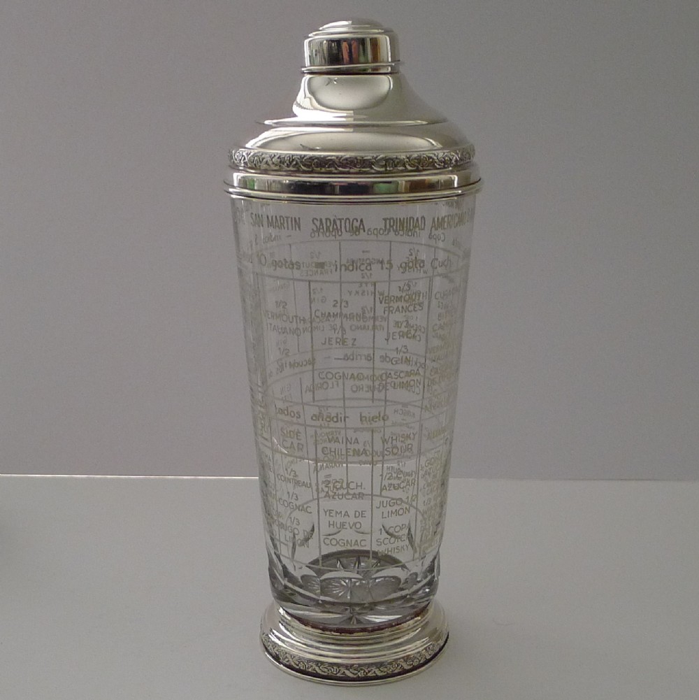 Rare Spanish Sterling Silver Mounted Art Deco Recipe Cocktail Shaker c.1940