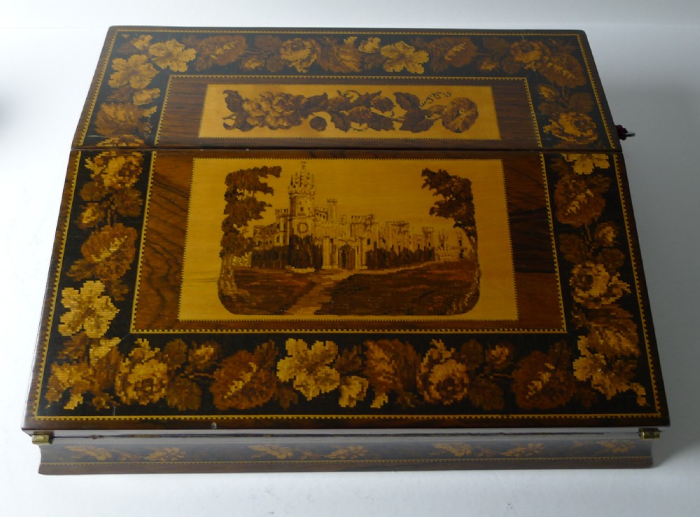 Fine Tunbridge Ware Writing Box / Lap Desk - Eridge Castle c.1870 View XVI
