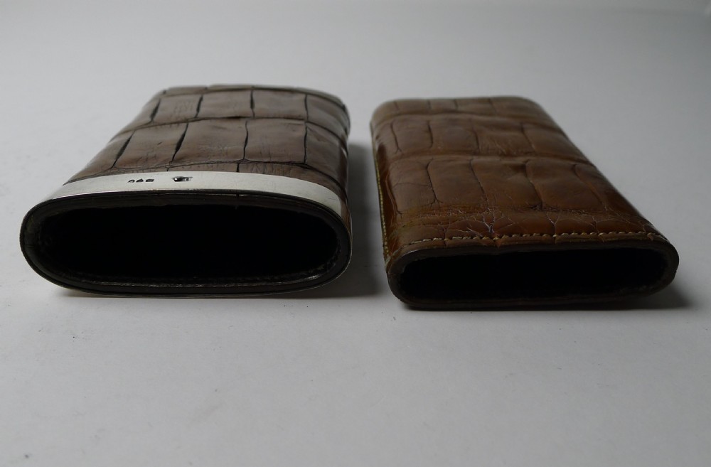 A small Victorian crocodile leather cheroot case in warm brown with a hallmarked silver collar. View VIII