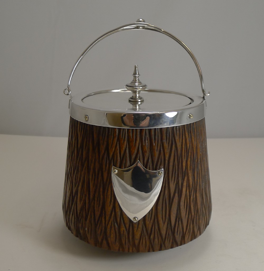 Antique English Hand-Carved Oak and Silver Plate Biscuit Box / Barrel