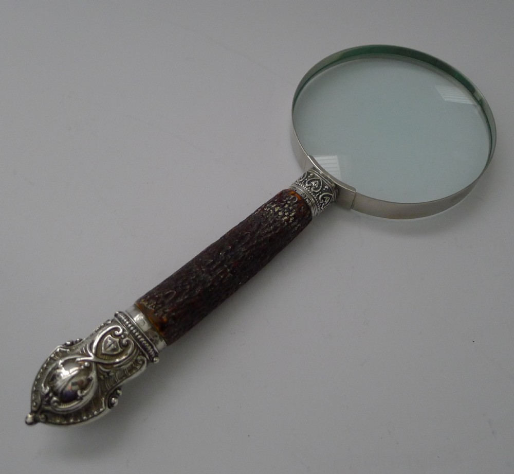 Antique English Antler Horn & Sterling Silver Handled Magnifying Glass View VIII