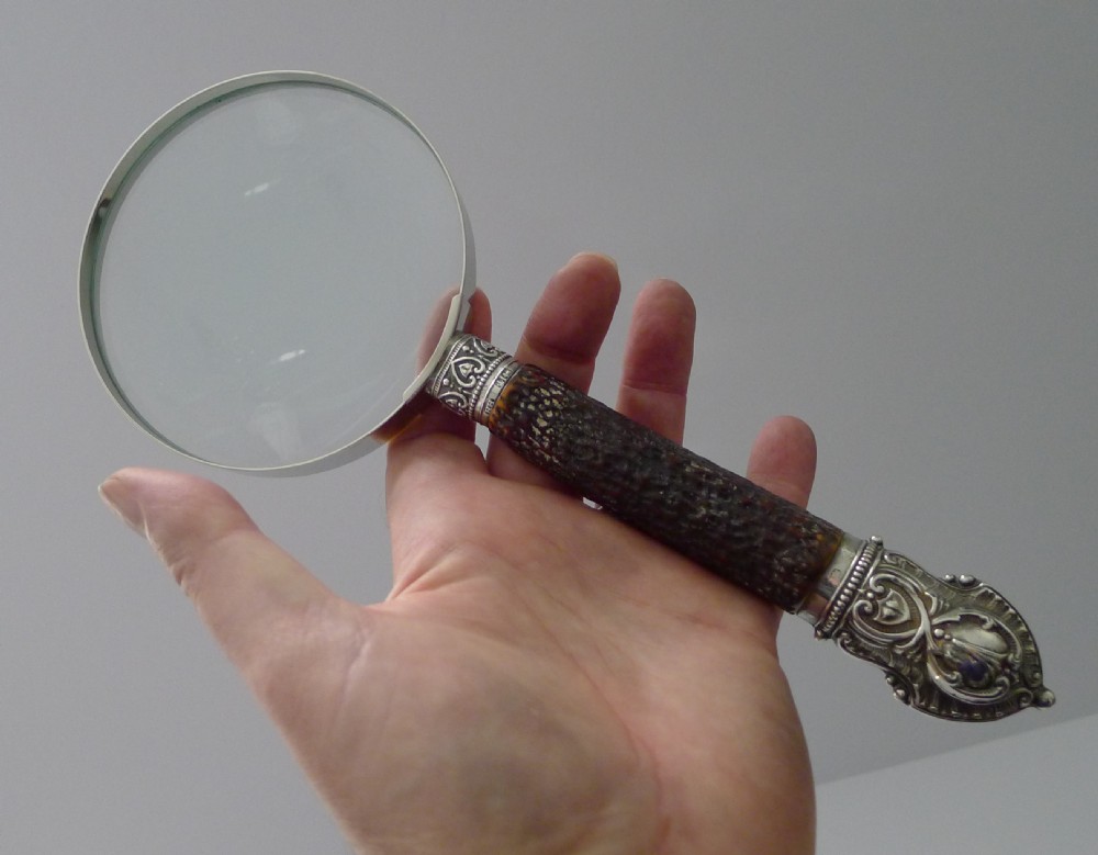 Antique English Antler Horn & Sterling Silver Handled Magnifying Glass View IX