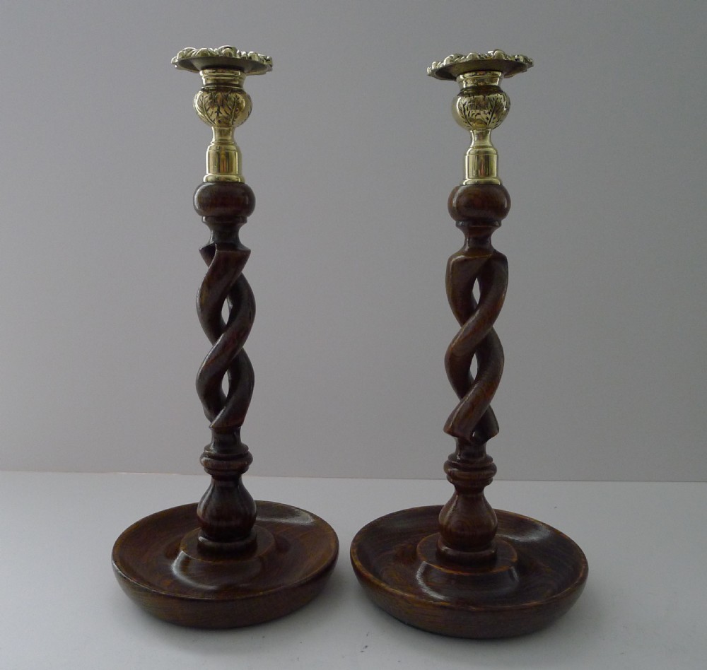 Pair Antique English Oak Barley Twist Candlesticks - Brass Tops