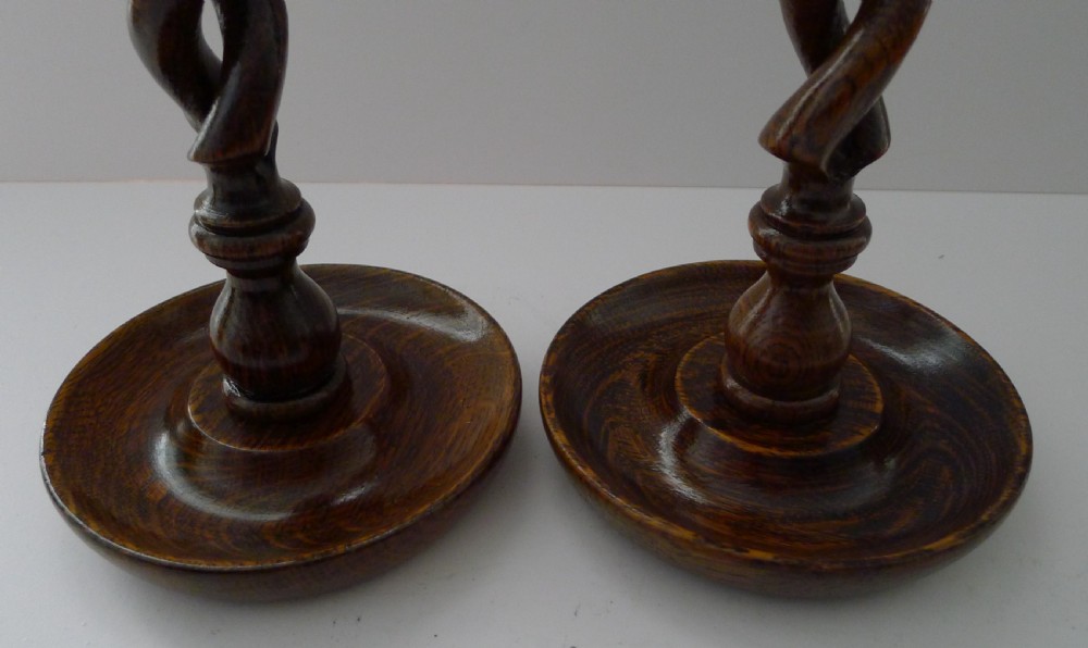 Pair Antique English Oak Barley Twist Candlesticks - Brass Tops View II