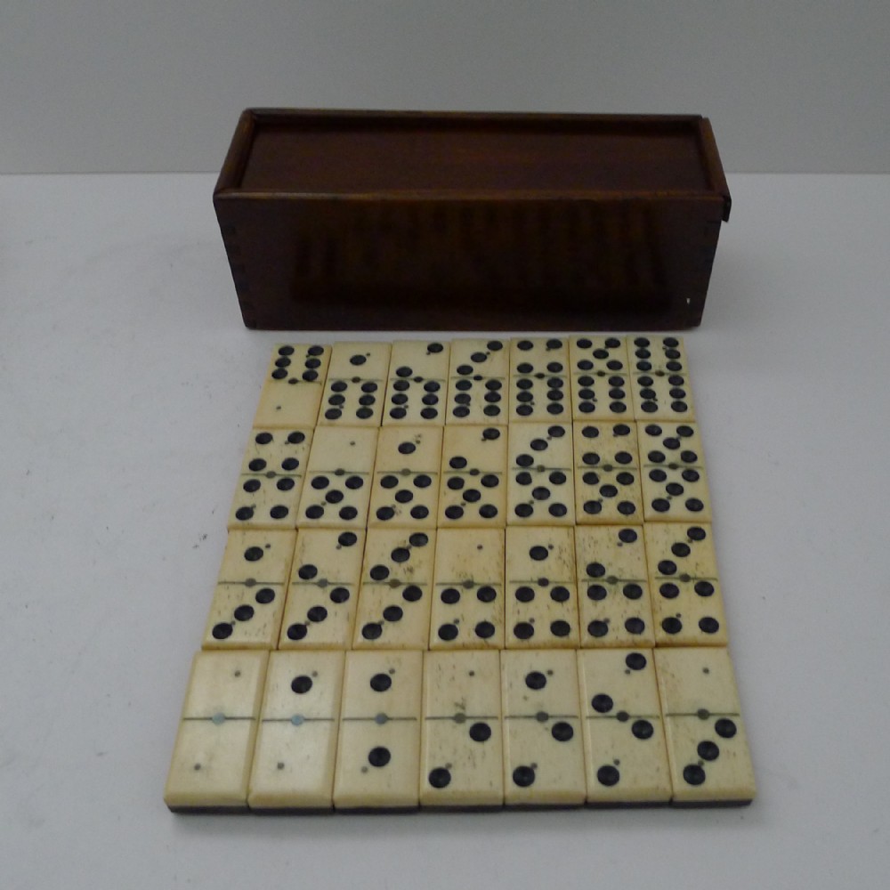 Antique English Boxed Bone & Ebony Wood Dominoes