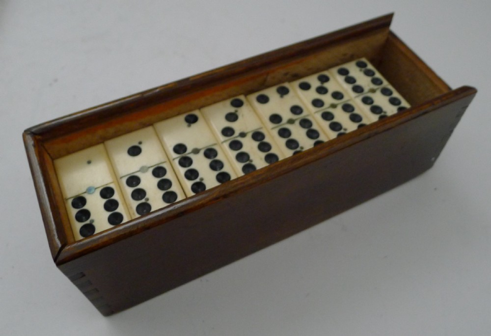 Antique English Boxed Bone & Ebony Wood Dominoes View II