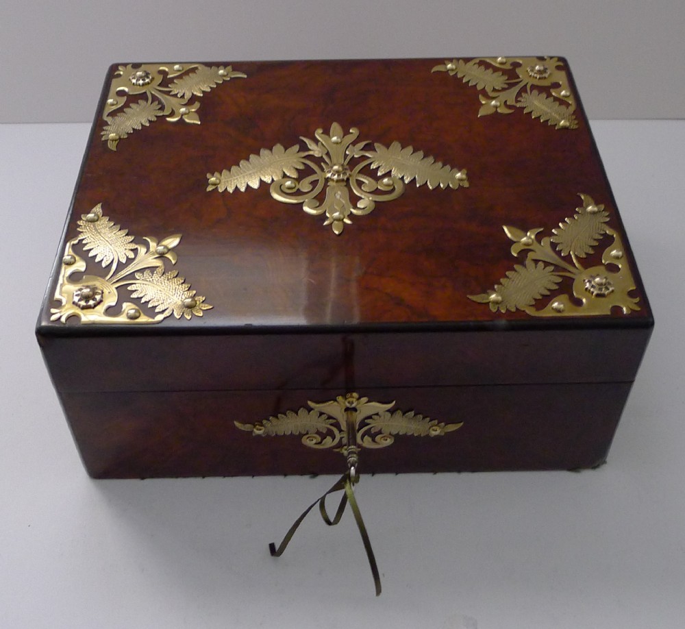 Antique English Brass Fern Mounted Walnut Jewellery Box c.1880