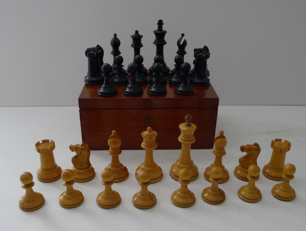 Antique English Staunton Chess Set With Red Crown Marks c.1900