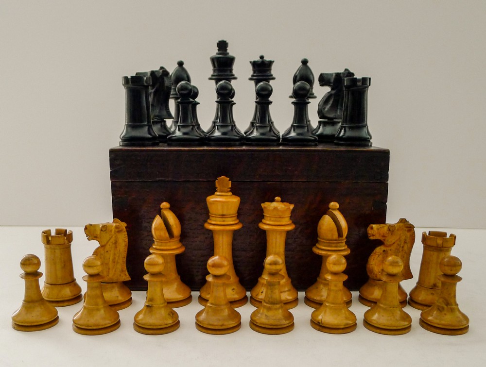 Large English Staunton Style Boxwood Chess Set c.1900 View IX