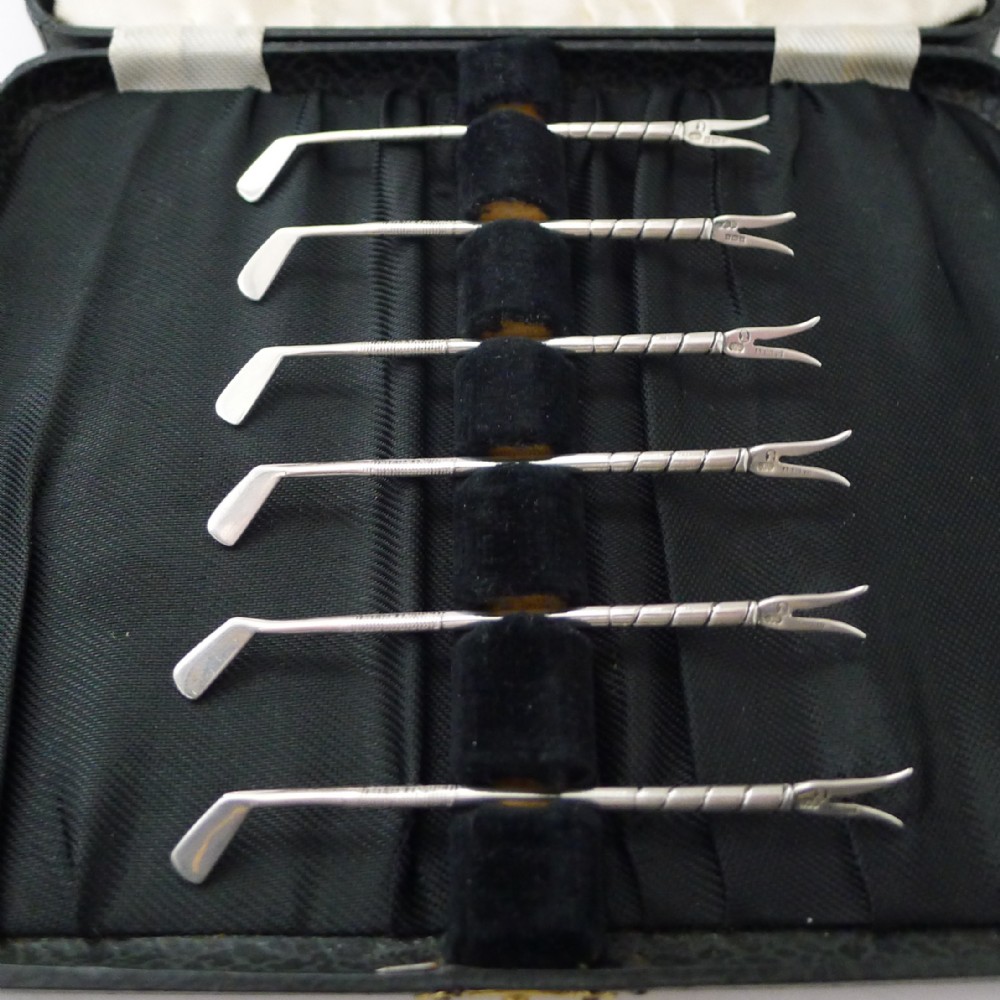 Set Six Novelty Solid / Sterling Silver Golf Club Cocktail Sticks