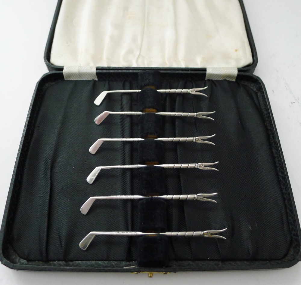 Set Six Novelty Solid / Sterling Silver Golf Club Cocktail Sticks View IV