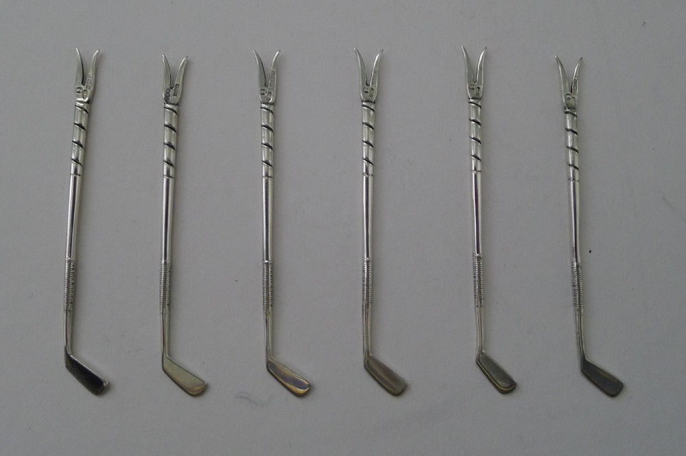 Set Six Novelty Solid / Sterling Silver Golf Club Cocktail Sticks View XI