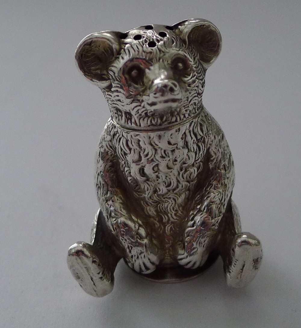 Antique English Sterling Silver Teddy Bear Pepper Pot - 1909