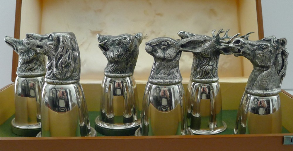 Gucci, Italy - Rare Set Six Figural Stirrup Cups c.1960 - Original Case View V