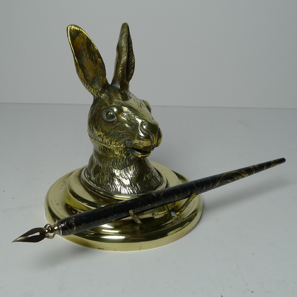Antique English Novelty / Figural Brass Inkwell - Hare c.1880