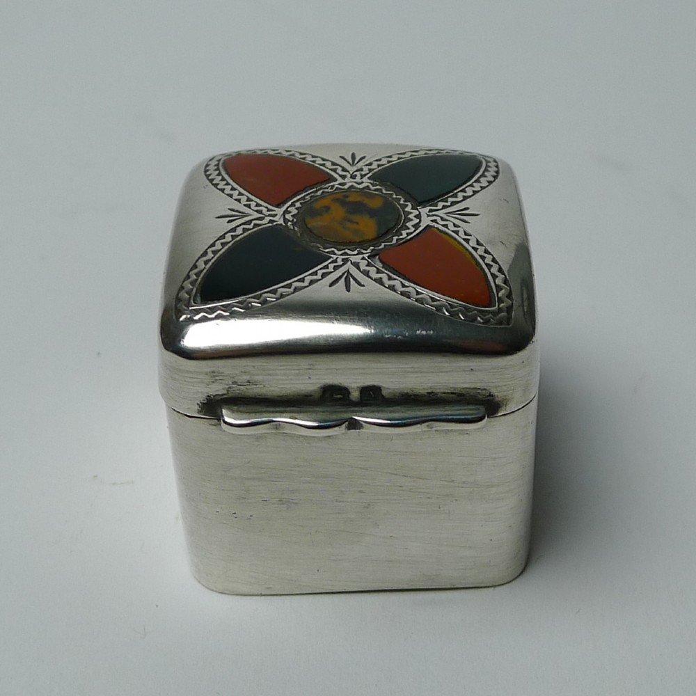 Rare Small Antique English Silver Box - Agate Inlaid - 1925