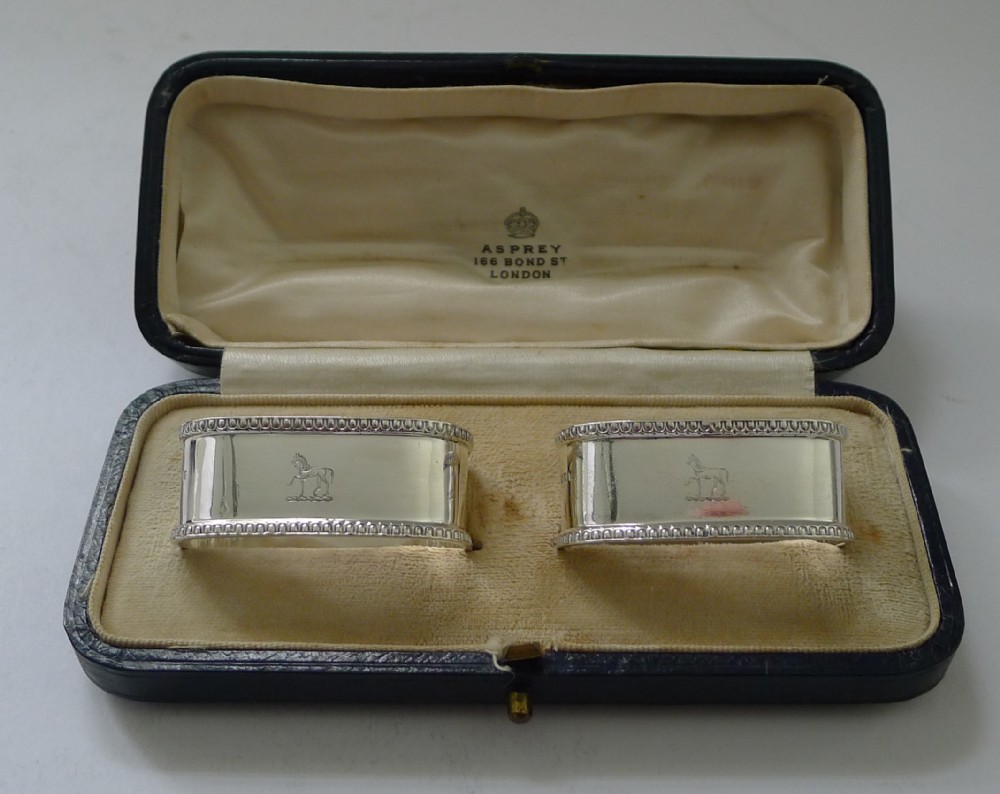 Pair Cased Antique Sterling Silver Napkin Rings by Asprey & Co.