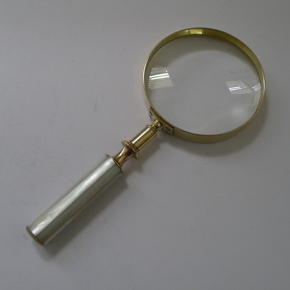 Large Antique English Brass and Mother of Pearl Magnifying Glass c.1910
