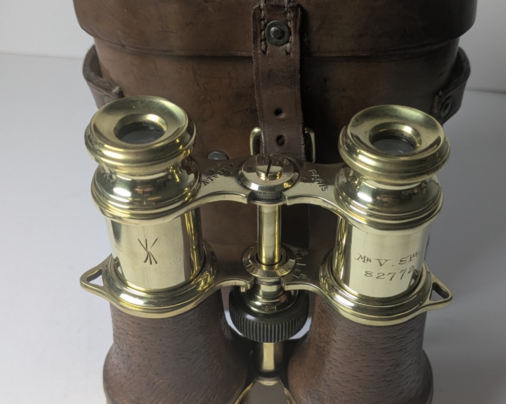 A pair of antique brass field binoculars with textured brown leather grips alongside a fitted brown leather carrying case with straps. View V