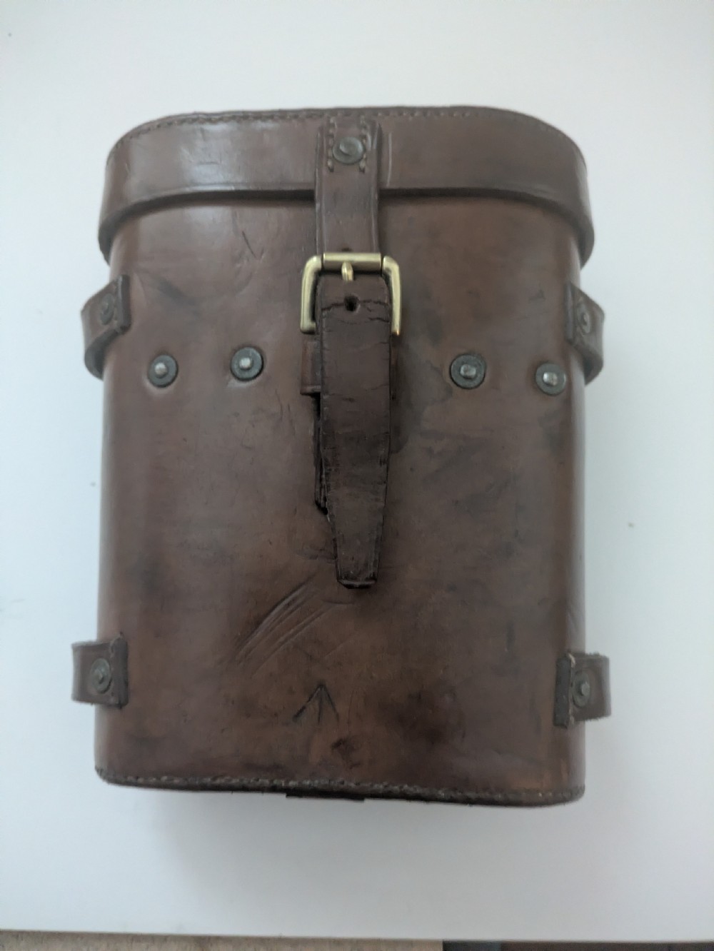 A pair of antique brass field binoculars with textured brown leather grips alongside a fitted brown leather carrying case with straps. View XIV