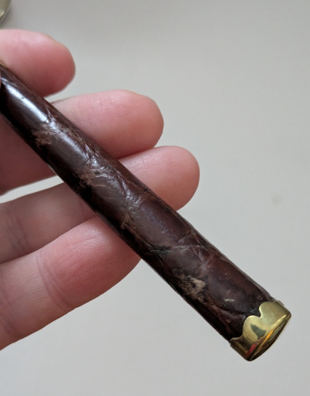 An antique circular magnifying glass with a silver-plated bezel, a dark turned wood handle, and a brass end cap. View II
