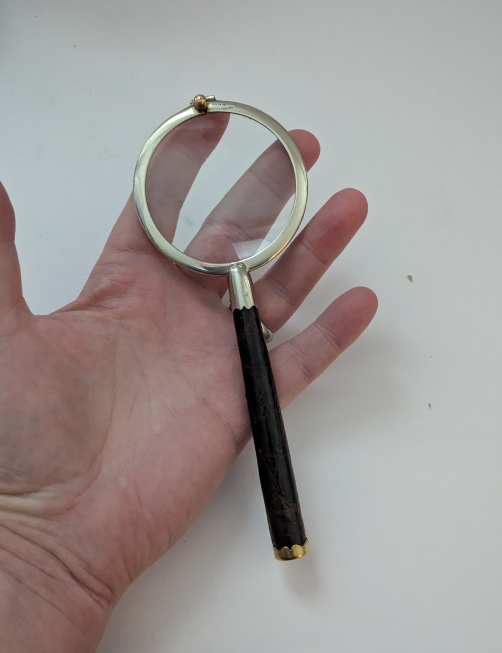 An antique circular magnifying glass with a silver-plated bezel, a dark turned wood handle, and a brass end cap. View VI