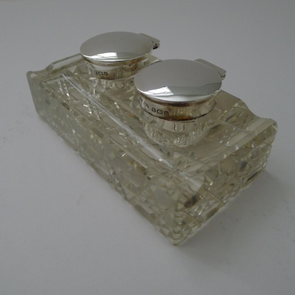 Antique English Cut Glass & Sterling Silver Double Inkwell 