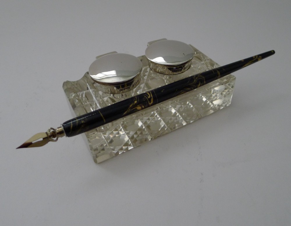 Antique English Cut Glass & Sterling Silver Double Inkwell  View IV