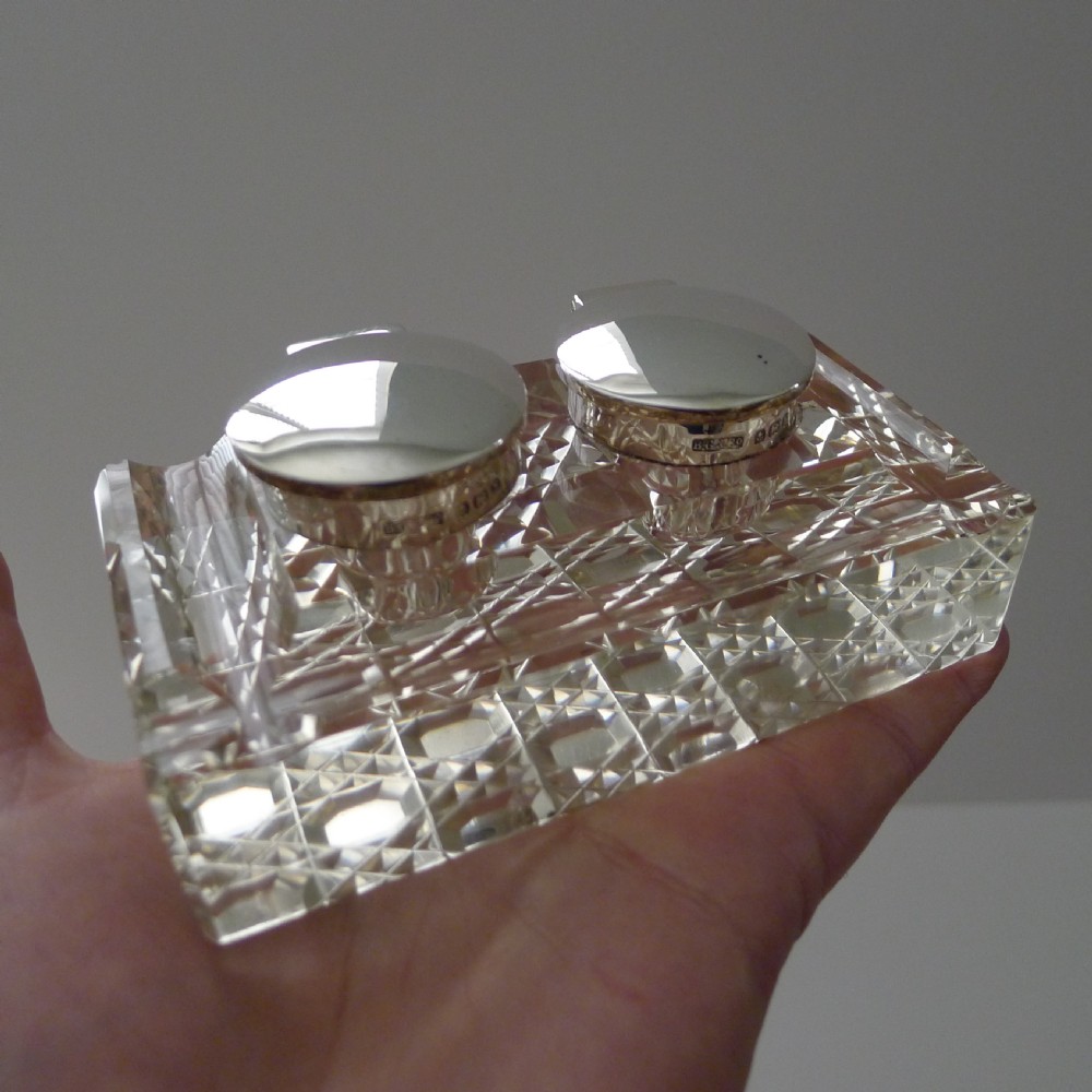 Antique English Cut Glass & Sterling Silver Double Inkwell  View VII