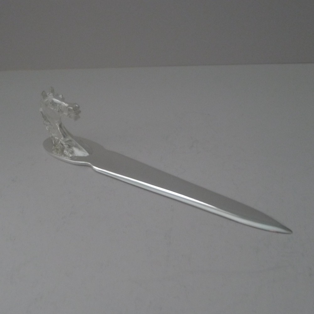 A silvered bronze letter opener featuring a detailed sculpted horse head handle and a polished, tapered blade resting on a neutral background. View II