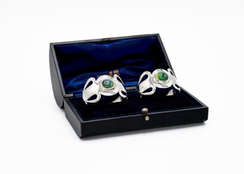 VERY RARE A E JONES SILVER NAPKIN RINGS WITH RUSKIN POTTERY CABOCHONS 1903 - ADDITIONAL PHOTO 3