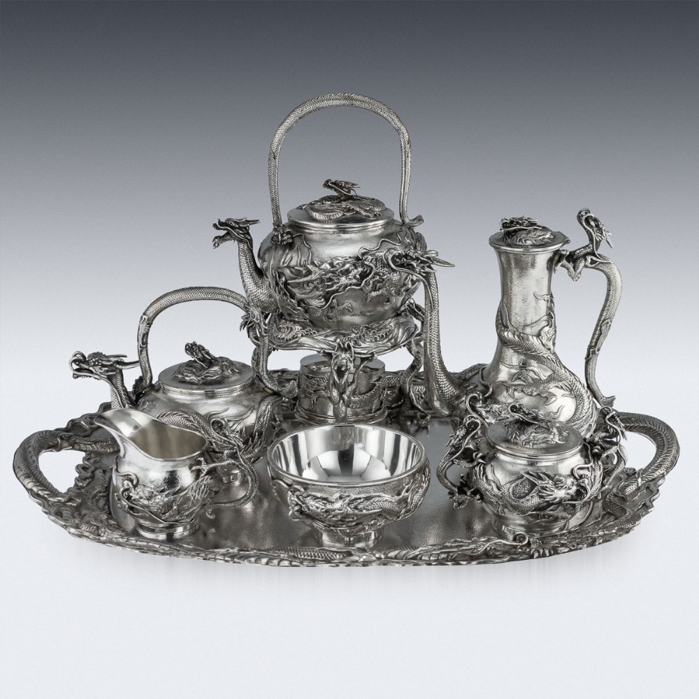 Antique 20thc Japanese Solid Silver Tea Service On Tray Sanju