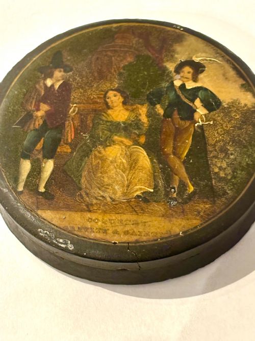 A 19TH CENTURY CIRCULAR PAPIER MACHE SNUFF BOX PRINTED COQUETTE GRAVITY GAIETY - ADDITIONAL PHOTO 1