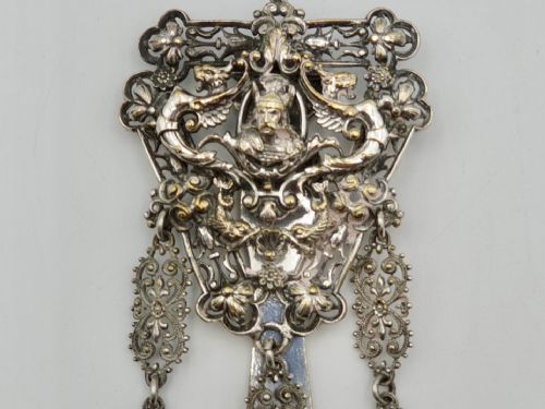 VICTORIAN 19TH CENTURY SILVER PLATED CHATELAIN FLORAL MOTIFS HEAD OF VIKING - ADDITIONAL PHOTO 13