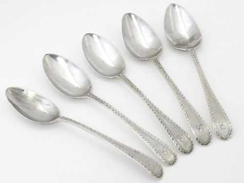 george iii set 5 x silver bright cut tea spoons hester bateman london 17889 - CATEGORY: ANTIQUE SILVER - DATED GEORGIAN