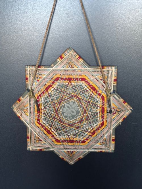 ANTIQUE FOLK ART STRING PHOTO PICTURE FRAME OCTAGRAM STAR SHAPE C1920S POST WWI - ADDITIONAL PHOTO 1