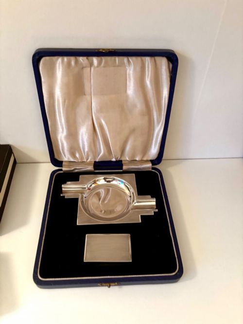 fig 1. ART DECO Silver Ashtray & Vesta Matchbox Holder TURNER SIMPSON 1937 Fitted Case