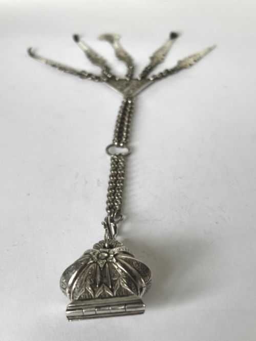 ANTIQUE SILVER WHITE METAL CHATELAINE WITH VINAIGRETTE AND 5 HANGING TOOLS - ADDITIONAL PHOTO 1