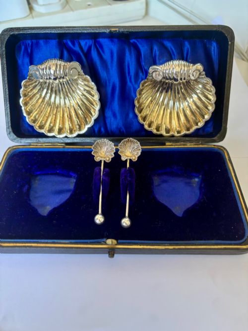 FULL SET EDWARDIAN SILVER SALTS SPOONS FITTED CASE 1904 WILLIAM HENRY LEATHER - ADDITIONAL PHOTO 1