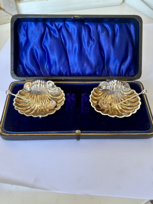 FULL SET EDWARDIAN SILVER SALTS SPOONS FITTED CASE 1904 WILLIAM HENRY LEATHER - ADDITIONAL PHOTO 6