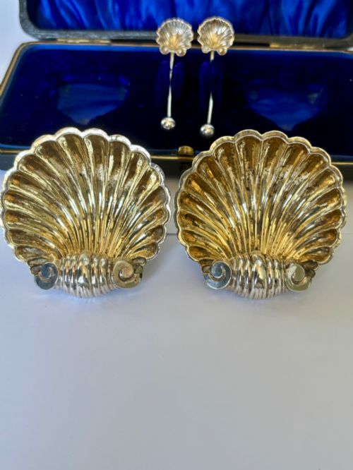 FULL SET EDWARDIAN SILVER SALTS SPOONS FITTED CASE 1904 WILLIAM HENRY LEATHER - ADDITIONAL PHOTO 8