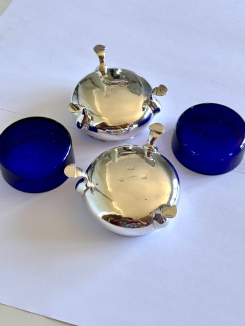 18THC GEORGE II PAIR SILVER SALTS BLUE GLASS LINER LONDON 17556 DAVID HENNELL I - ADDITIONAL PHOTO 14