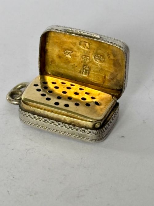 fig 1. A small rectangular Georgian silver vinaigrette featuring intricate floral engraving, textured background patterns, and an attached suspension ring.