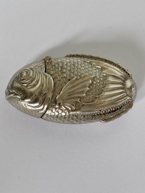 Antique Victorian Novelty Silver Plated Brass Fish Carp Vesta Case Match Safe