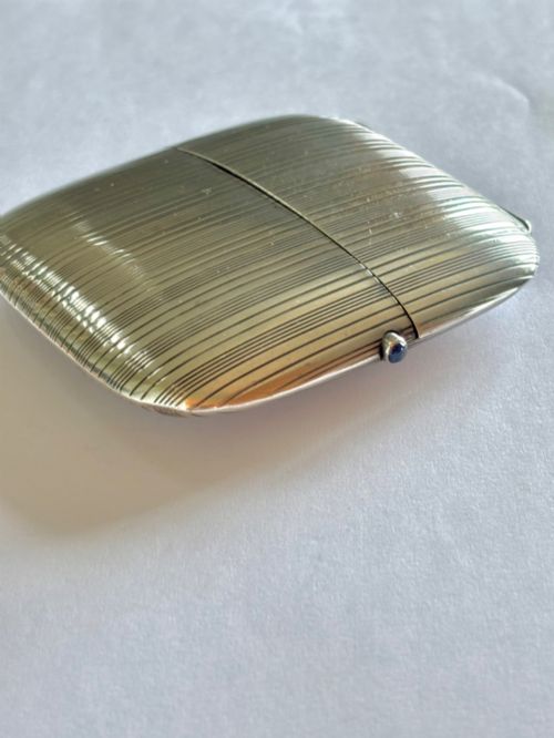 Art Deco Continental .900 Silver Gilt Cigarette Card Case Blue Cabochon C1930