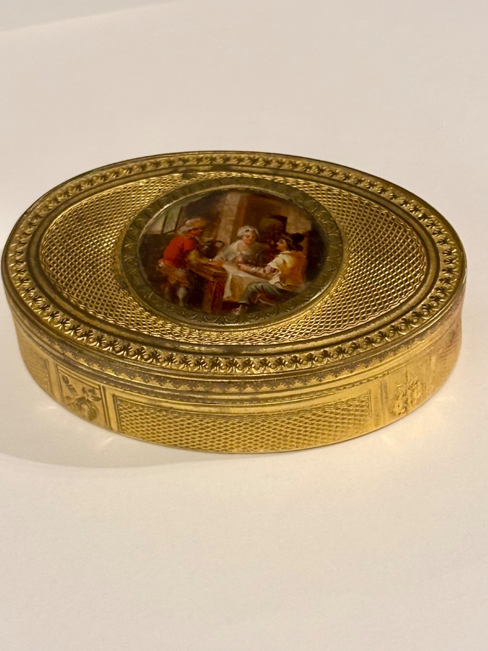 Antique 19th Century Oval Gilt Metal Snuff Box with inset Hand Painted Plaque