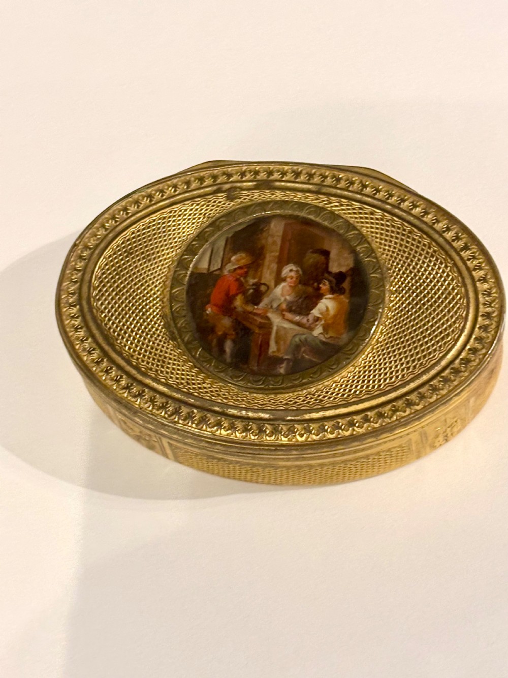 Antique 19th Century Oval Gilt Metal Snuff Box with inset Hand Painted Plaque View II
