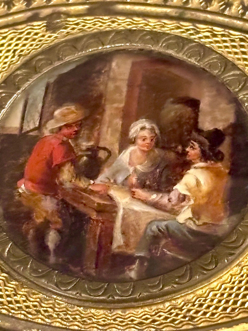 Antique 19th Century Oval Gilt Metal Snuff Box with inset Hand Painted Plaque View III